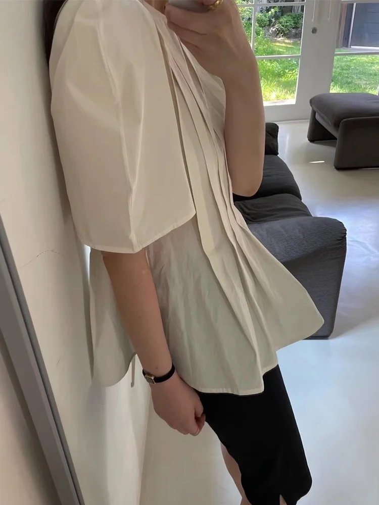 

Women's Heavy Embellied Pleated Bubble Sve irt Ba Split Design Summer New Sle Individuali Korean Version Loose Fit