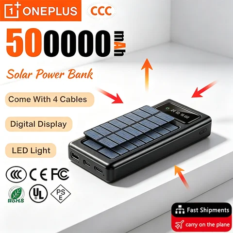 OnePlus Ultra Capacity 500000mAh Solar Power Bank 4 in 1 USB Super Fast Charging USB Type-C LED Light Outdoor For iPhone Samsung