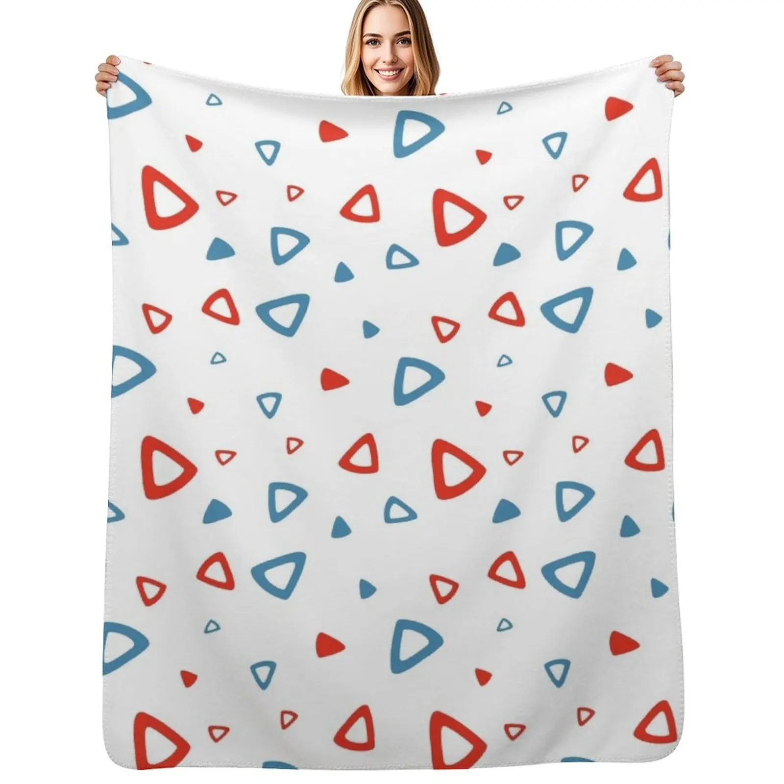 Nostalgic 90s Blue and Red Triangle Pattern Throw Blanket Flannel Fabric Decoratives Camping Softest Large Winter beds Blankets