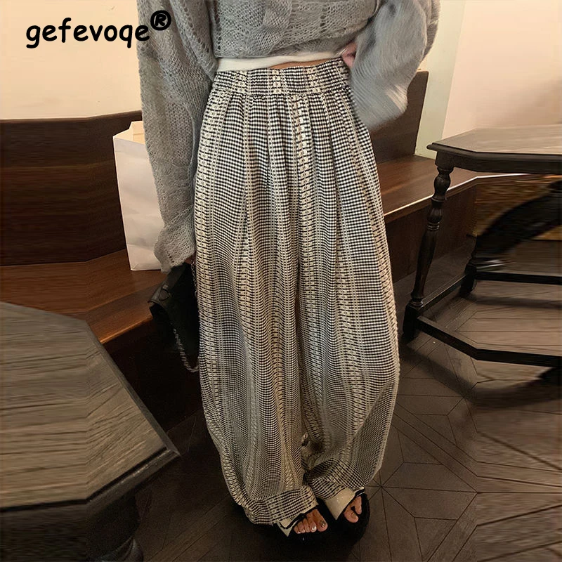 Women Clothing Vintage Plaid Embroidery Streetwear Oversize Wide Leg Pants Female Korean Chic High Waist Y2K Trousers Pantalones