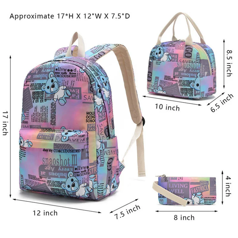 Juego de mochila con patrón de oso lindo con estuche para lápices y bolsa para el almuerzo, sarga 3 en 1, paquetes escolares de primaria