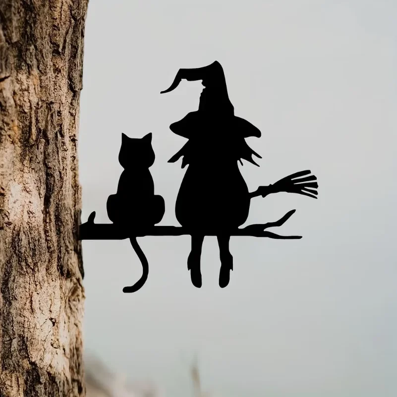 Iron Silhouette Cute Witch And Cat Garden Stake On The Branch Yard Art Decor, Tree Stump Plug-in, For Garden Lawn Courtyard