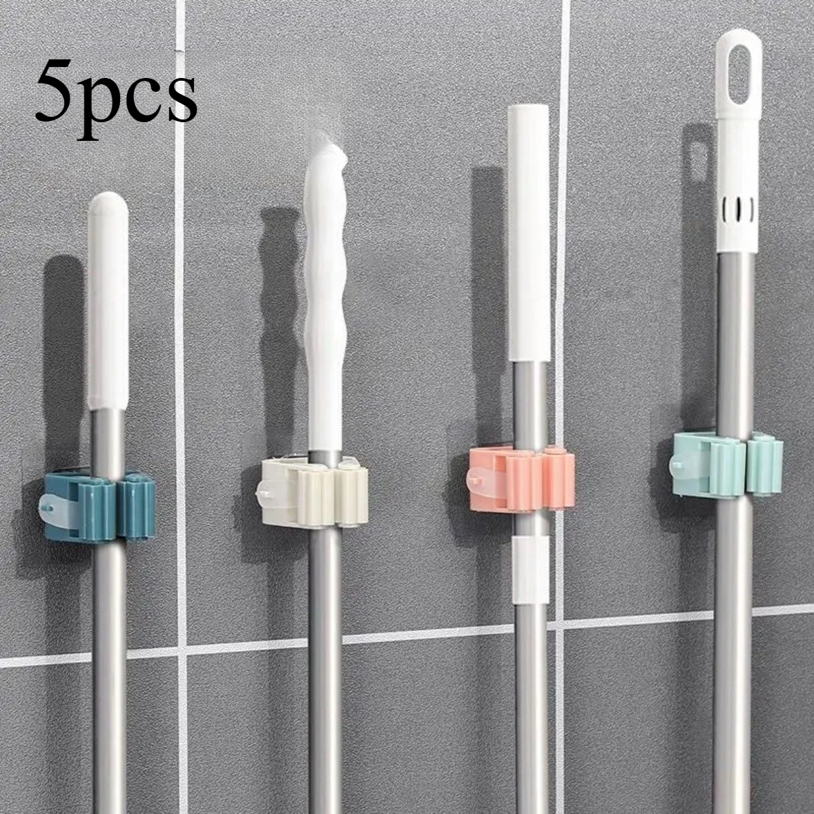 Kitchen Gadgets Rack Storage - 5pcsPunch‑Free Wall Mounted Mop Hook Holder,