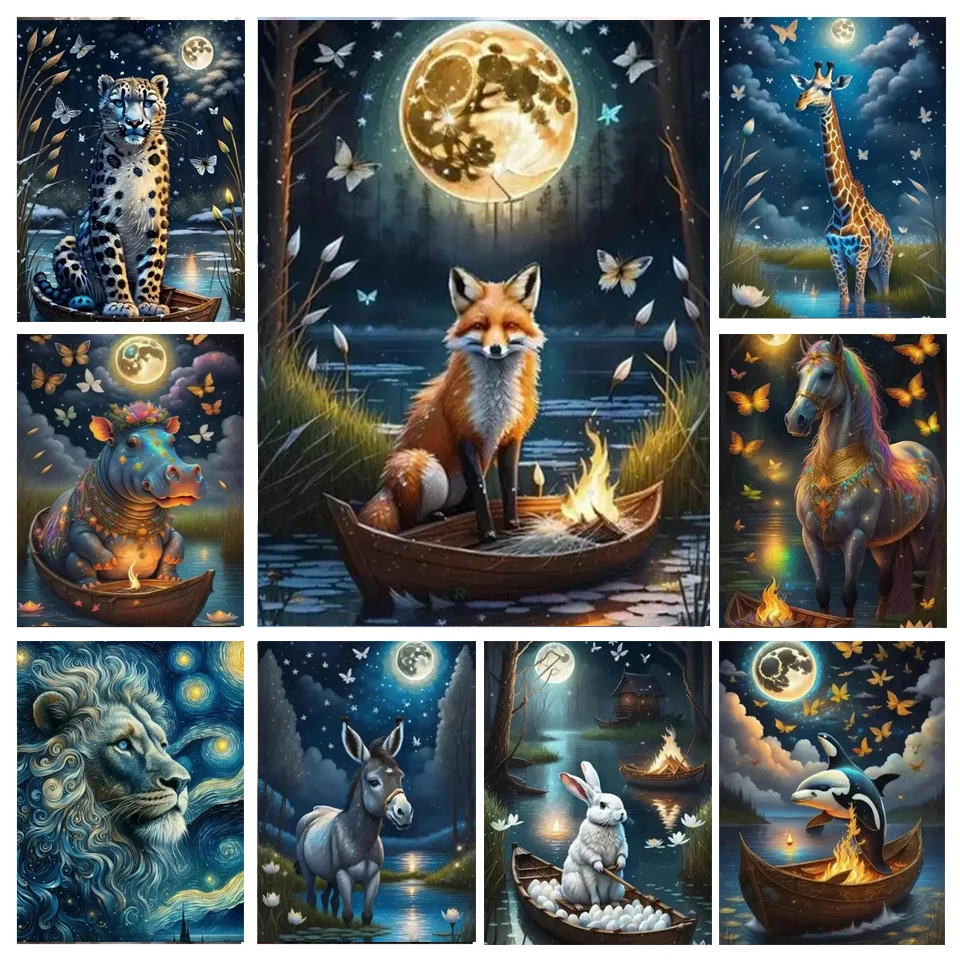 Diy 5D Diamond Painting Night Moon Animal Boat Donkey Lion Landscape Full Rhinestone Embroidery Giraffe Rabbit Mosaic Art E597