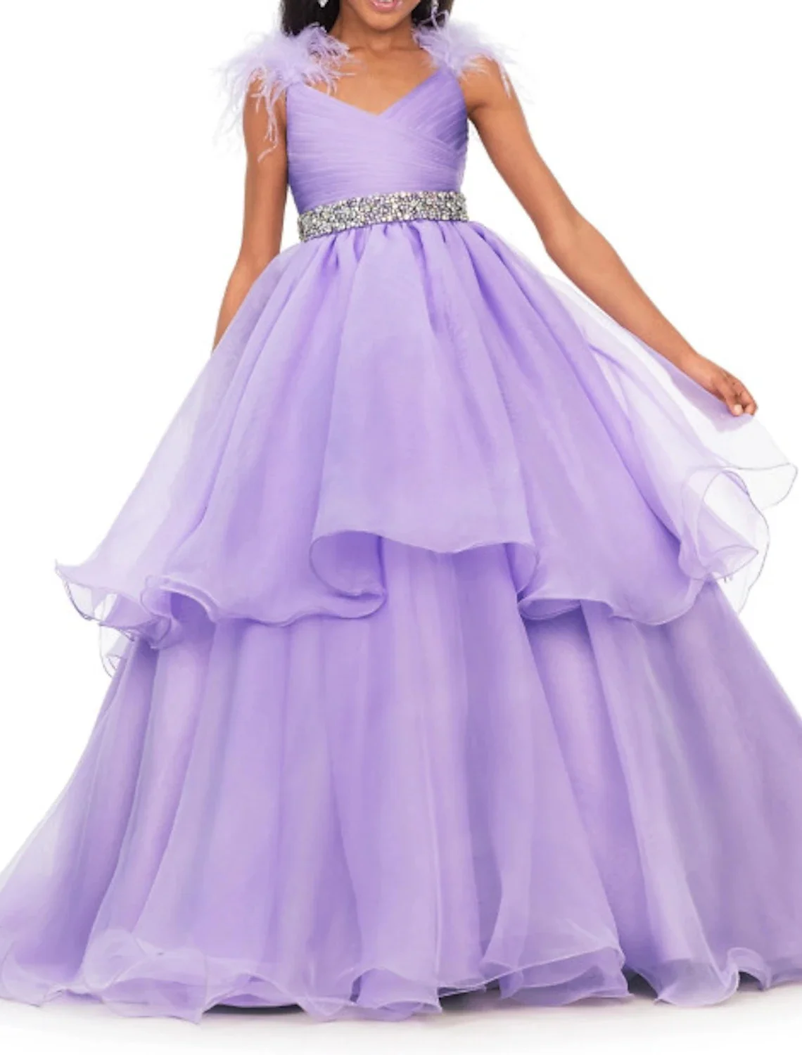 Robe de Bal de Princesse pour Bol de 3 à 16 Ans, Tenue de Première Communion, Balayage/Traîne en Brosse, Plumes/Fourrure à Plusieurs Niveaux