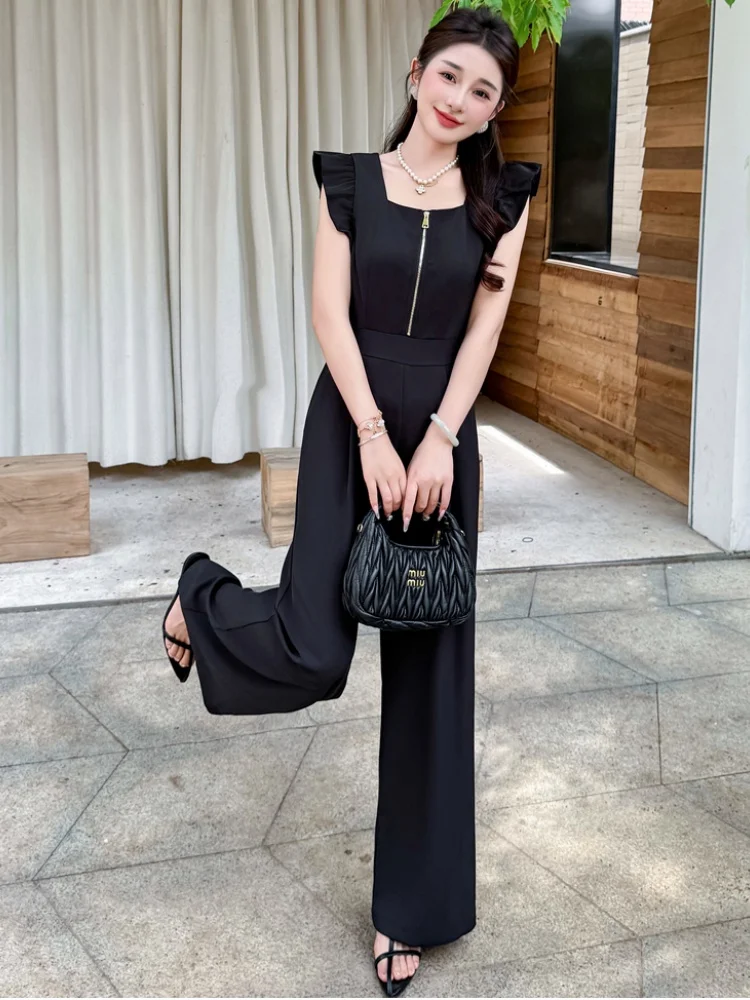 Monos de verano para mujer, peleles negros con mangas voladoras y cuello cuadrado, moda informal con cordones y cremallera frontal, ropa de calle general