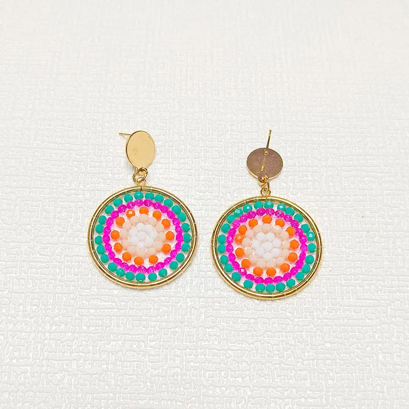 Rice bead earrings Roundness Hollow out Originality Sunflower Crystal Hand knitting Bohemia Alloy Fashion Simple Beaded earrings