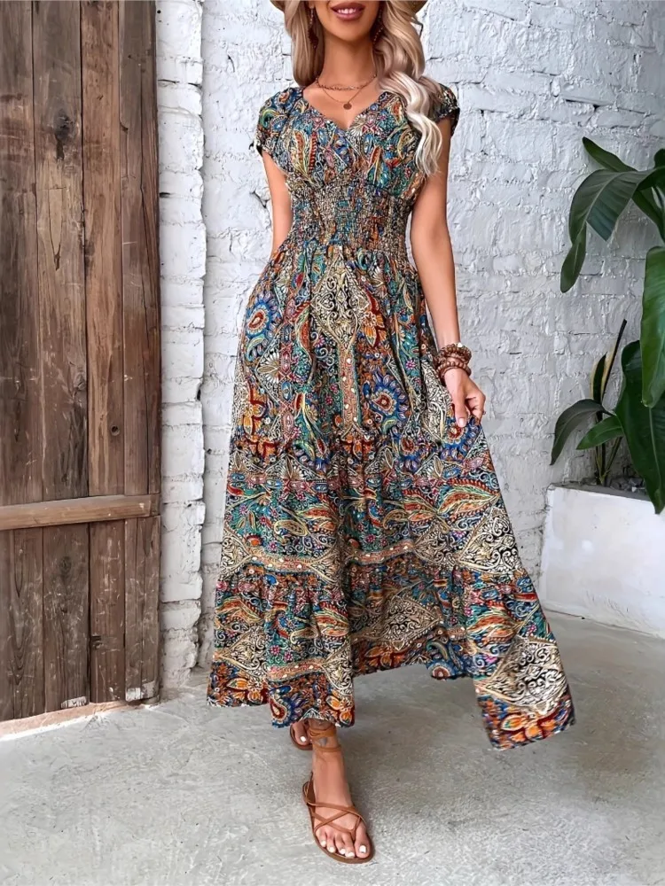 Women's Summer New Boho Dress Fashion Elegant V Neck Short Sleeve Beach Party Office Holiday Casual Dresses For Women Robe Femme