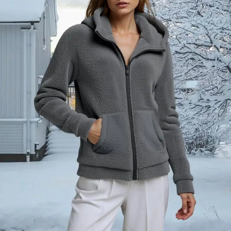 652F Giữ Ấm Mùa Đông Nữ Nỉ Có Mũ Trùm Đầu Áo Nhẹ Full Zip Dài Tay Mờ Áo Khoác Có Túi Lớn Phía Trước