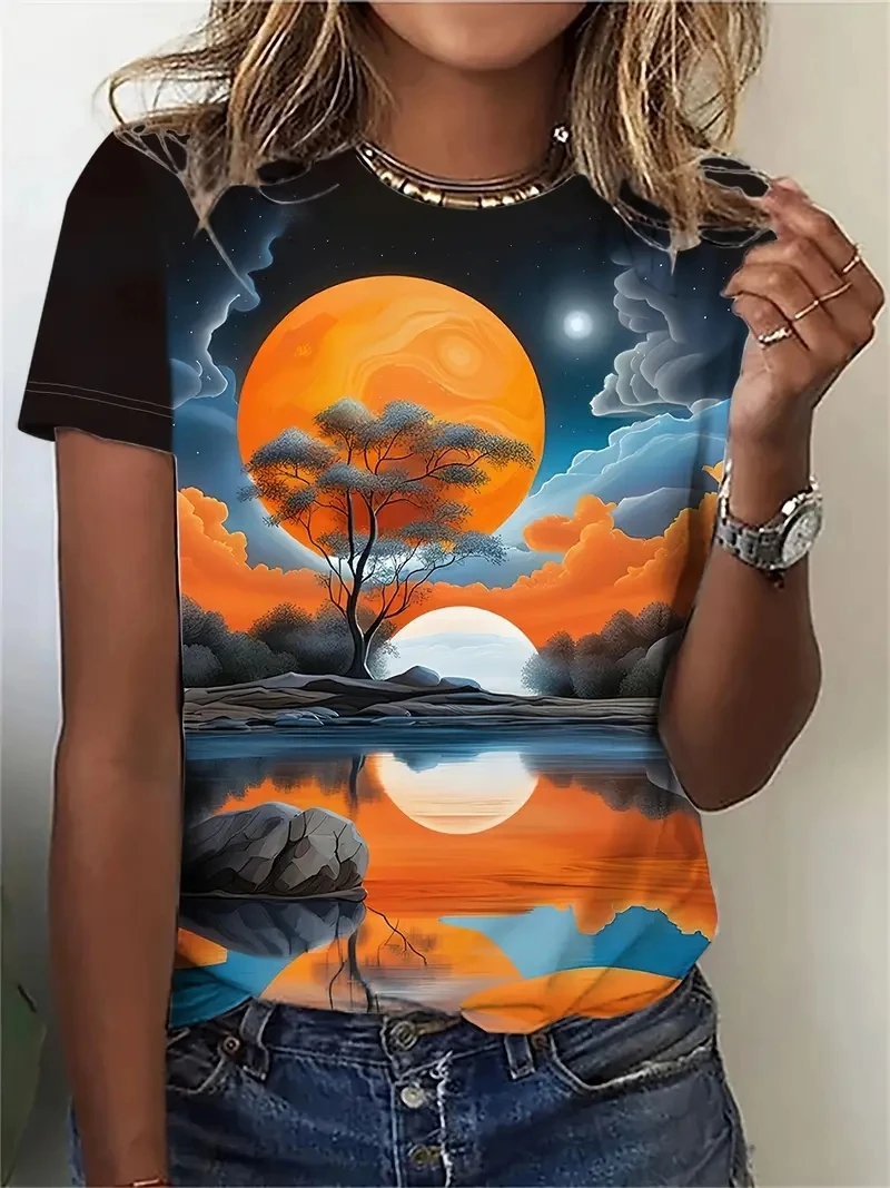 Camiseta feminina plus size com estampa de sol 3D de manga curta, solta e casual, macia, confortável e respirável, adequada para esportes ao ar livre