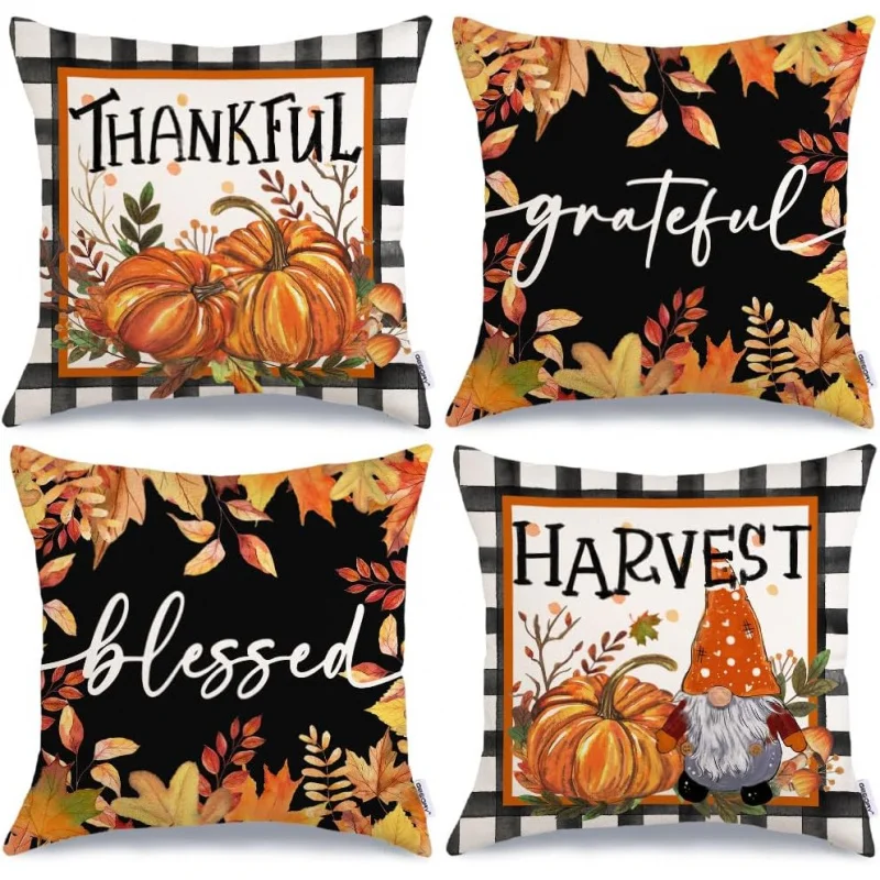 

Autumn Pillow Cover 18 x 18 inches, set of 4 Thanksgiving Harvest Pumpkin DecorationsOutdoor Farmhouse PillowcaseHome Sofa