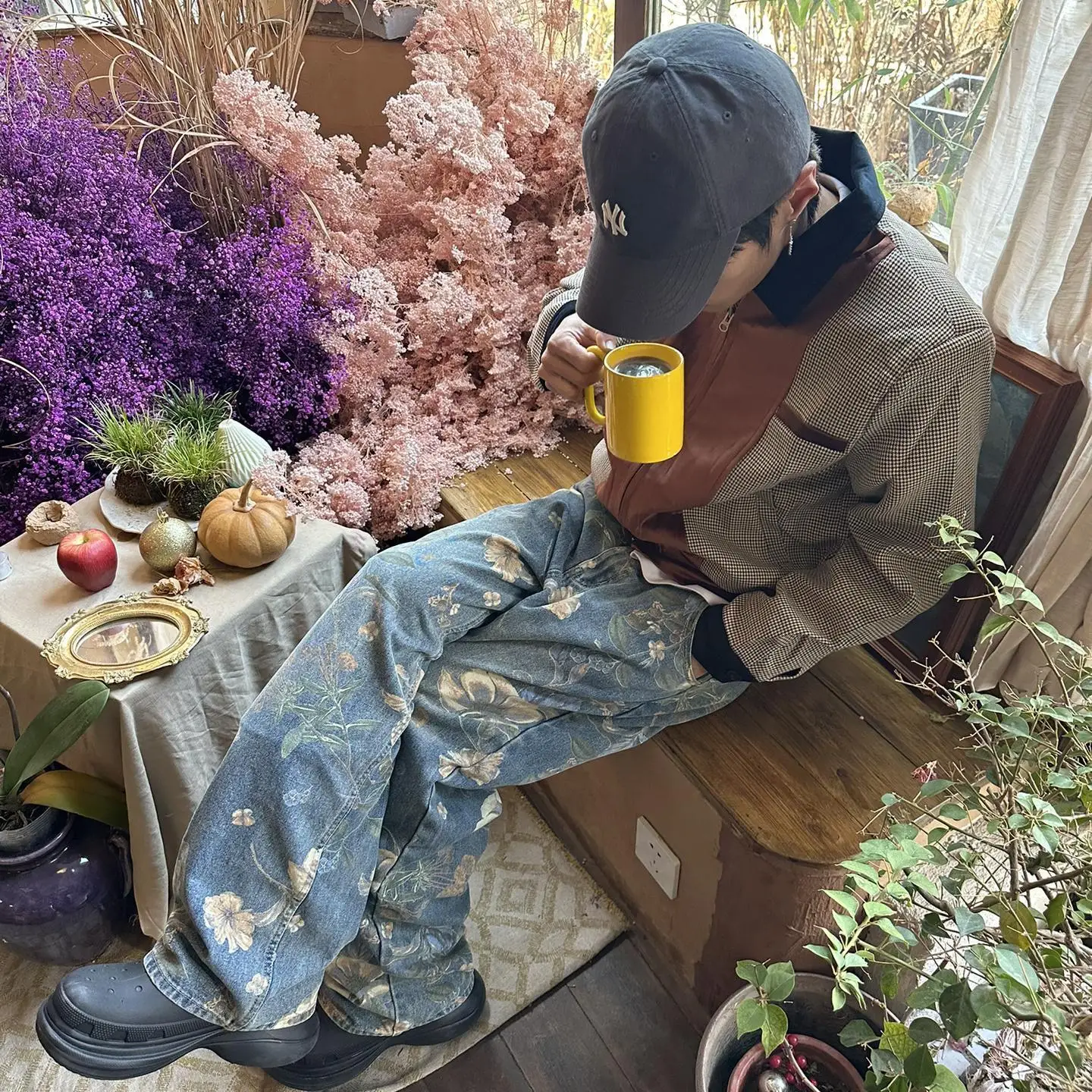 Men's Flower Print Pattern Blue Wide Legs Jeans Street Sweatpants Cool Boy Casual Pants Spring Bottom Male High Waist Trousers