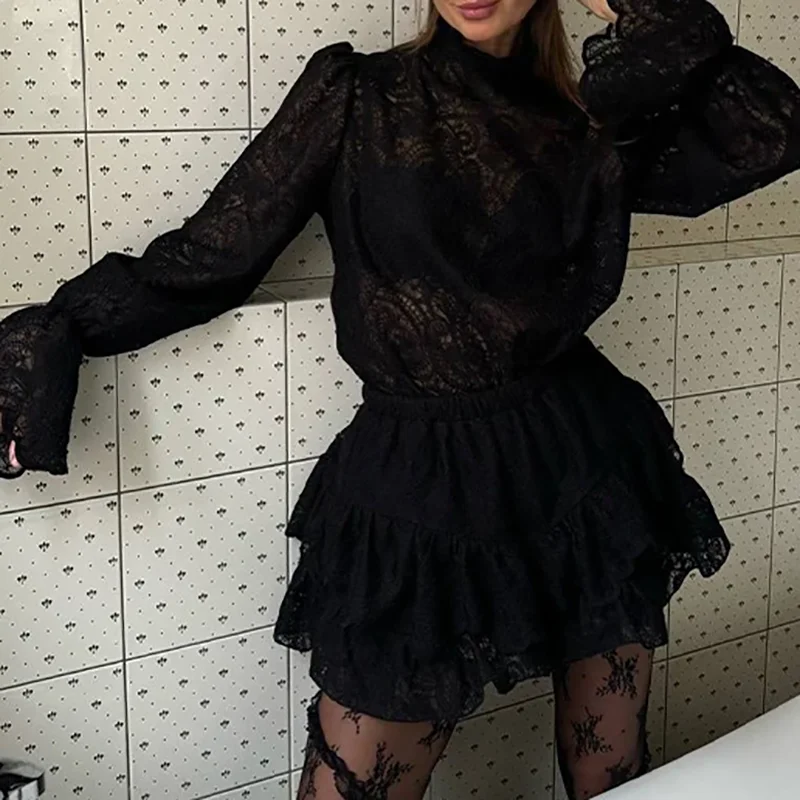 

Новый весенний модный комплект из 2 предметов, элегантный топ с воротником-фонариком и мини-юбкой, кружевной перспективный дизайн, наряд для вечеринки