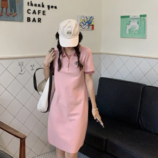 فستان ميدي مضاد للشيخوخة بياقة بولو وأكمام قصيرة مطرز ونحيف على الطراز الكوري من القطن للعمل صيفي عصري #5