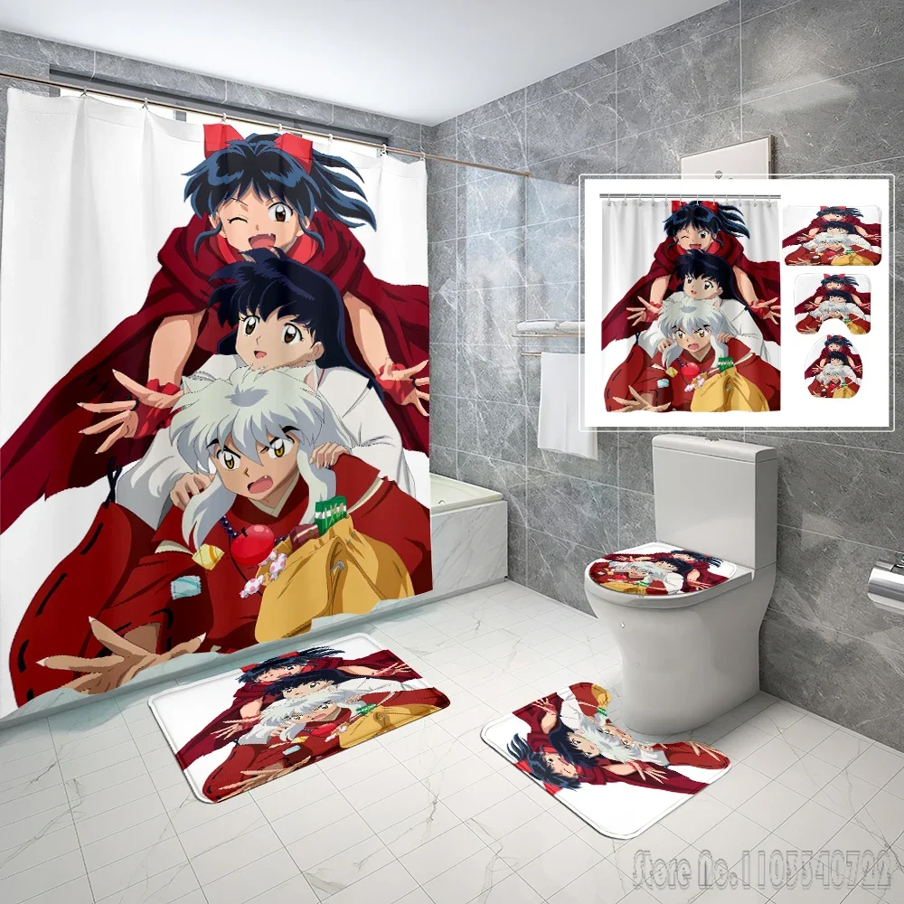 Anime Inuyasha Pattern Bath Shower Curtain Set 4pcs with Hooks Cartoon Decor Waterproof Bathroom Toilet Mat Lid