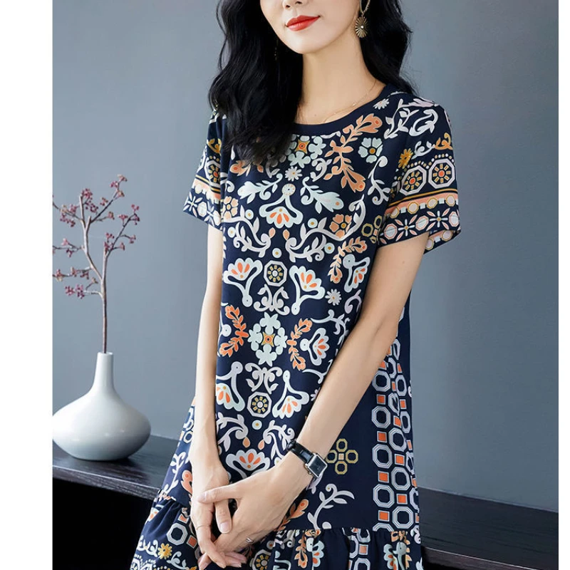 

Summer New Korean Elegant Fashion Print Dress Womenshort Sleeve Floral Mid-length A-line Vestidos De Fiesta Aesthetic Robe Femme