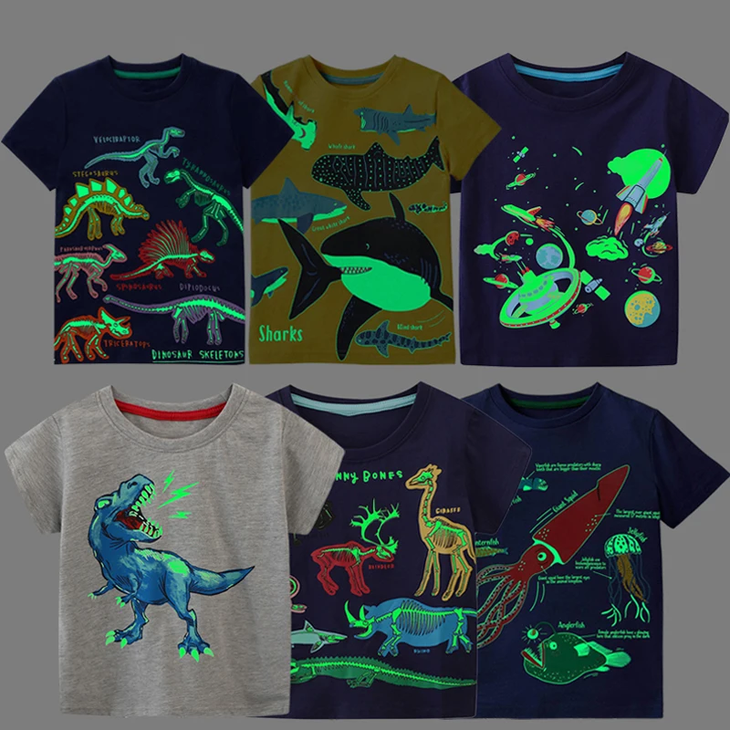 Fashion Boys T-shirt 2024 New Arrivals Summer Luminous Dinosaur Animal Cotton Casual Wear Boys Wear Tops 2-7 Years