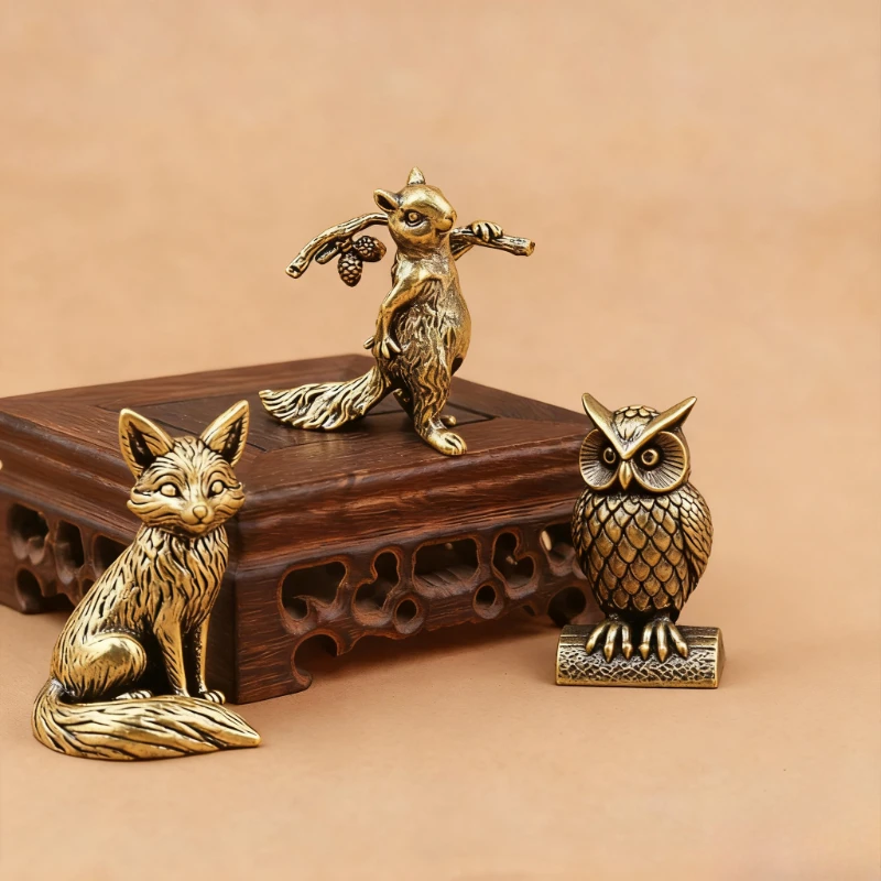 Retro Solid Brass Squirrel Fox Owl Ornament Miniature Tea Pet for Bookshelf Home Brass Figurines Animal Decor Desk Decoration
