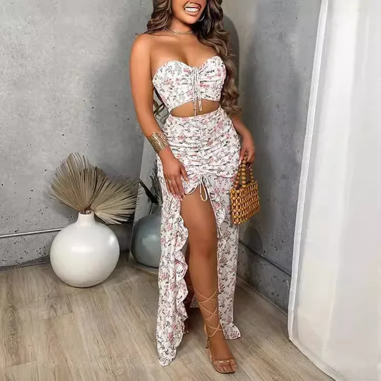 Langer Rock Anzug Party Outfits Mode gedruckt zweiteilig Set Sommer Damen Set träger lose ärmellose Top elegante gekräuselte Kleider