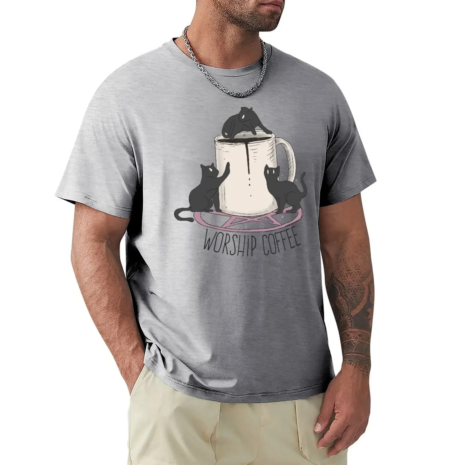 Worship coffee kittens T-Shirt oversizeds cute clothes mens graphic t-shirts hip hop