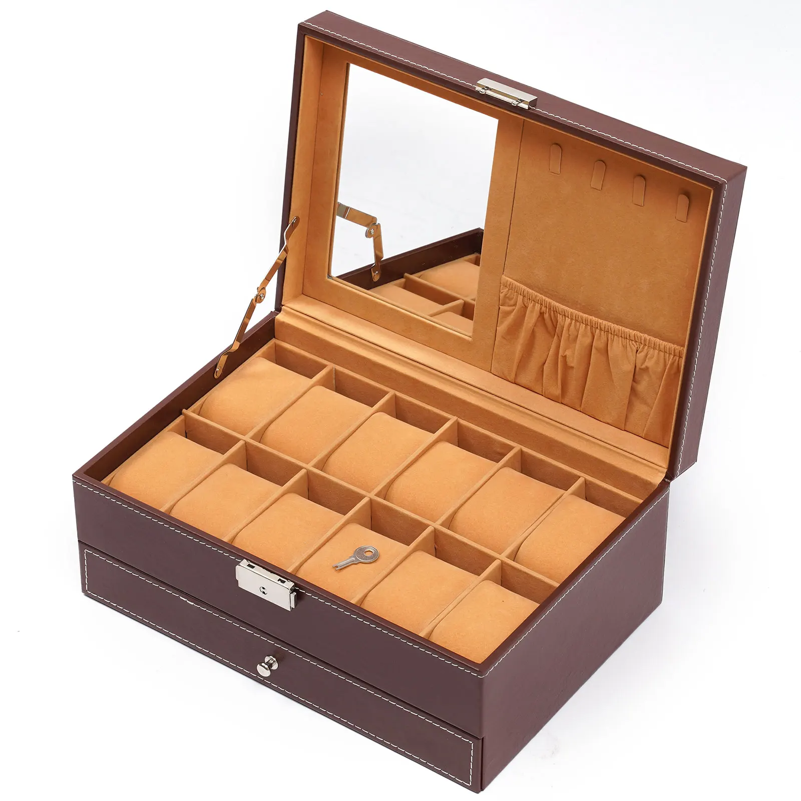 2-Layer 12 Slot Jewelry Watch Box Lockable Men Women Glasses Holder Leather Box Lockable Storage Display Organizer Case W/Mirror