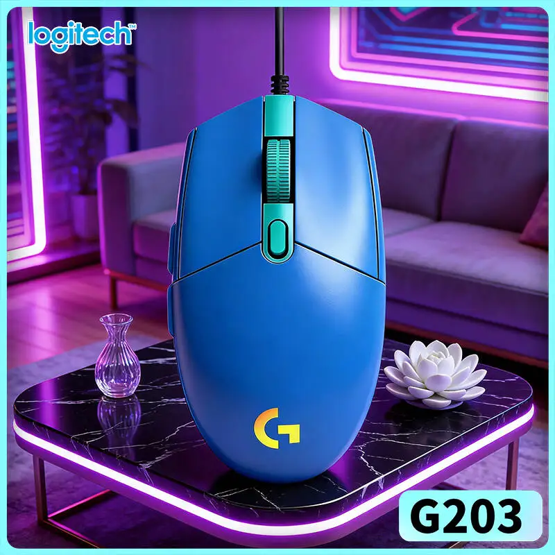 Mouse gamer com fio Logitech G203, efeito de mudança de cor RGB agradável aos olhos, luz RGB dinâmica, almofadas antiderrapantes, USB para PC de mesa.