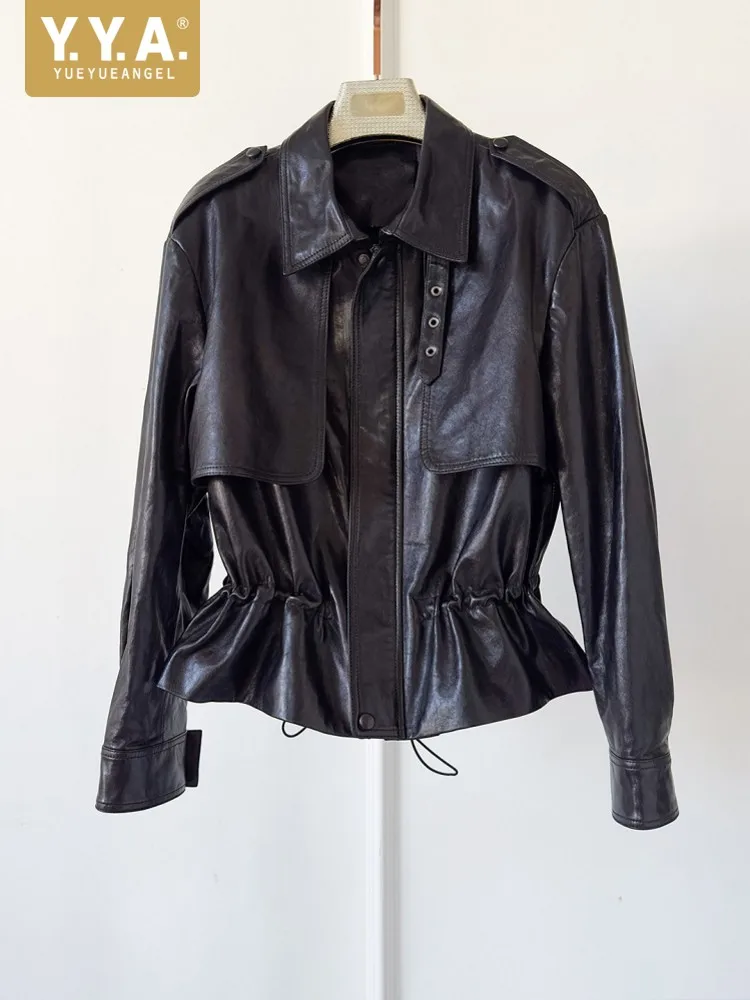 High Quality Chic Ladies Genuine Leather Short Jacket Zipper Turndown Collar Women Retro Oil Wax Sheepskin Jackets Casual Coat