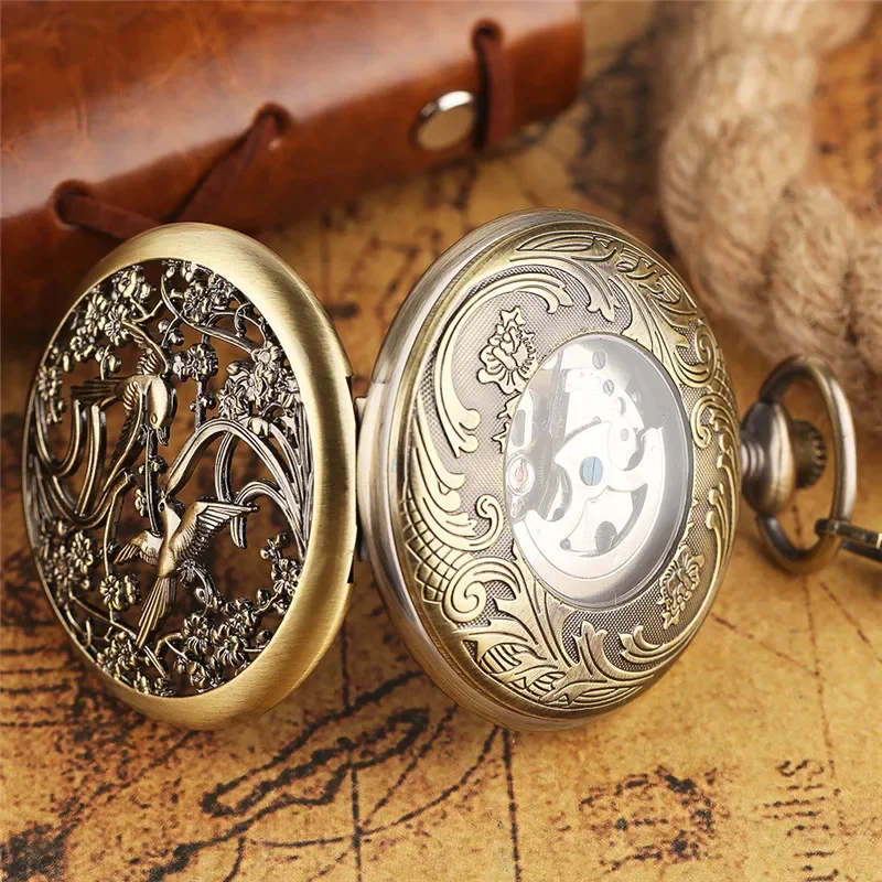 Vintage Style Hollow Out Magpie Pocket Watch Men Women Skeleton Automatic Mechanical Watches Luminous Hands Pendant Chain Clock