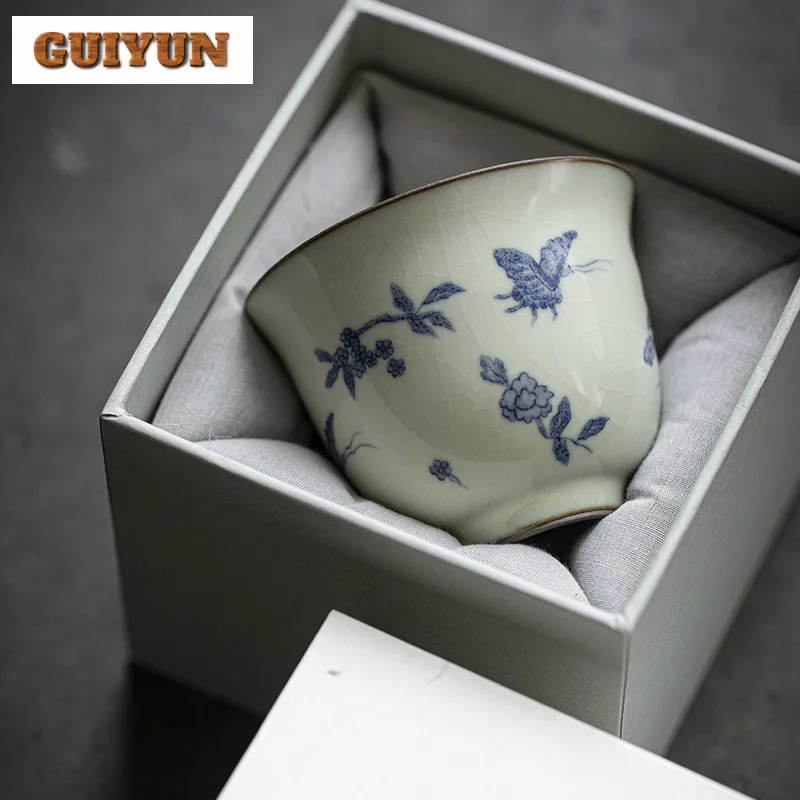 

110ml Pure Hand Painted Blue and White Teacup Ru Kiln Porcelain Master Cup Handmade Pulled Embryo Tea Bowl Kung Fu Tea Set Gifts