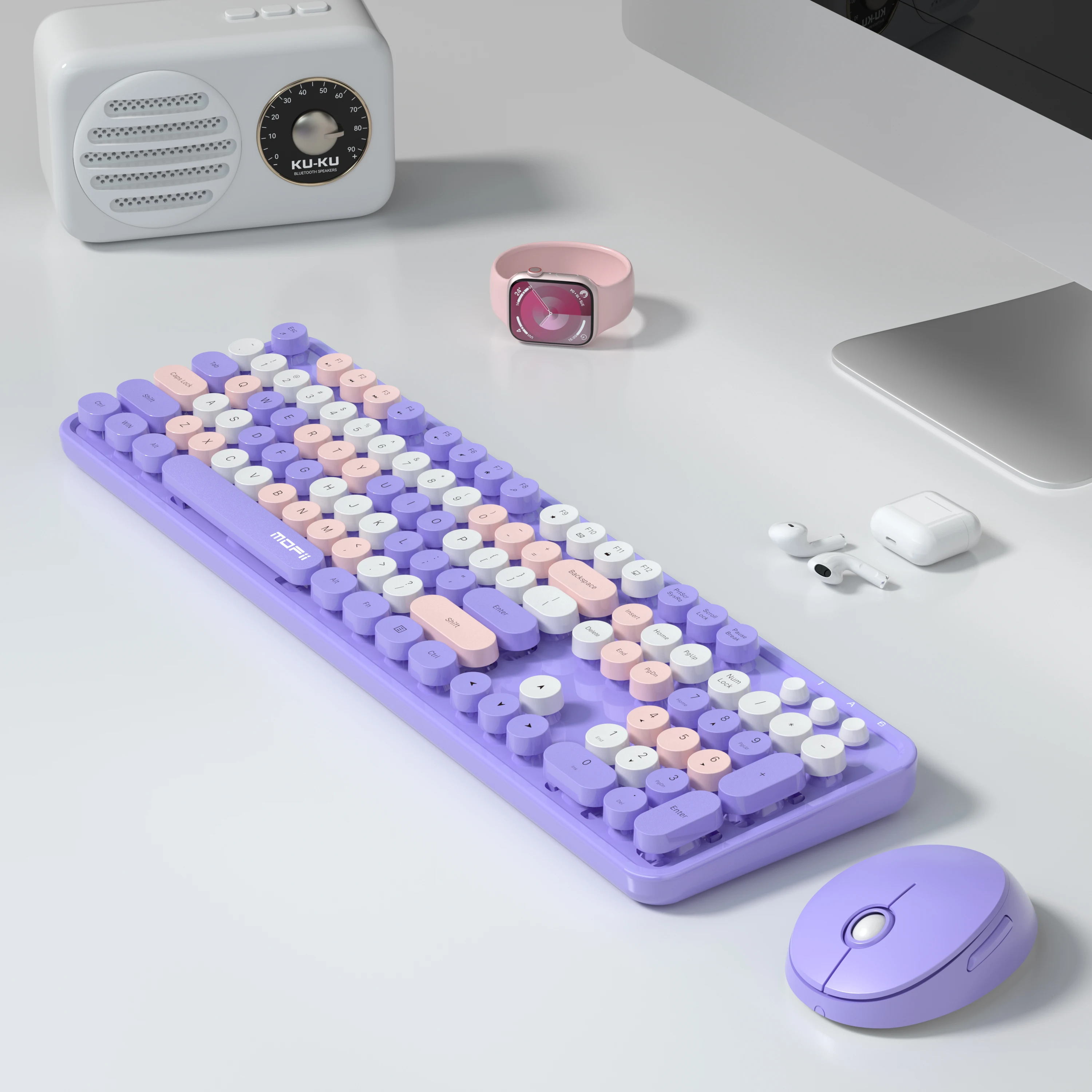MOFii Purple Wireless Keyboard Mouse Combo, Gradient Retro Round Keycaps, Silent Female Keyboard, US QWERTY Layout