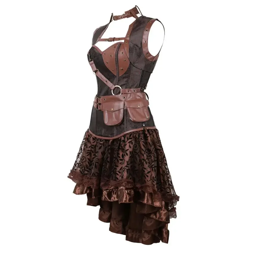 Steampunk Gothic Vintage Faux Leather Corset Top Burlesque Bustier Lingerie Asymmencal Floral Lace Skirt Women Sexy Corset Dress