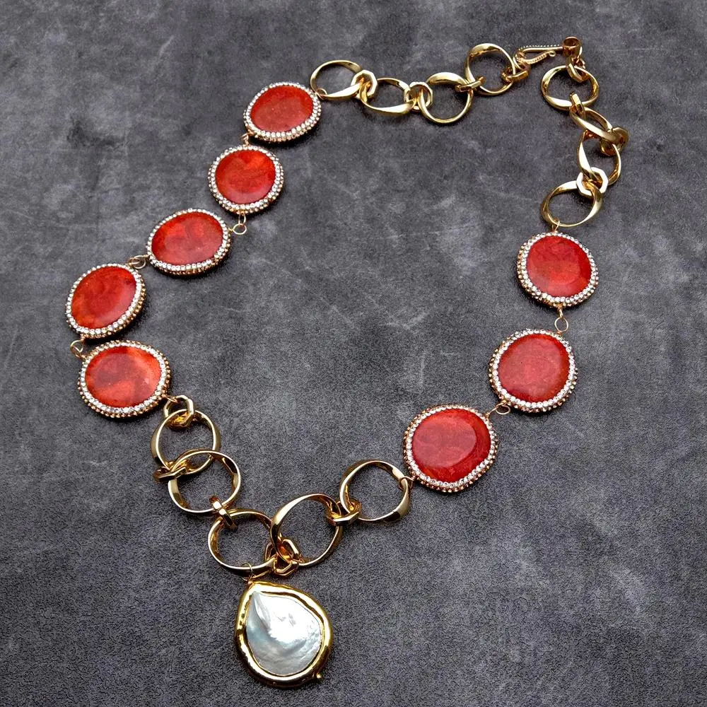 

Y·YING Red Stone Women Necklace Red Spong Coral Crystal Pave White Coin Pearl Charm Gold Plated Chain Necklace Jewelry For Women