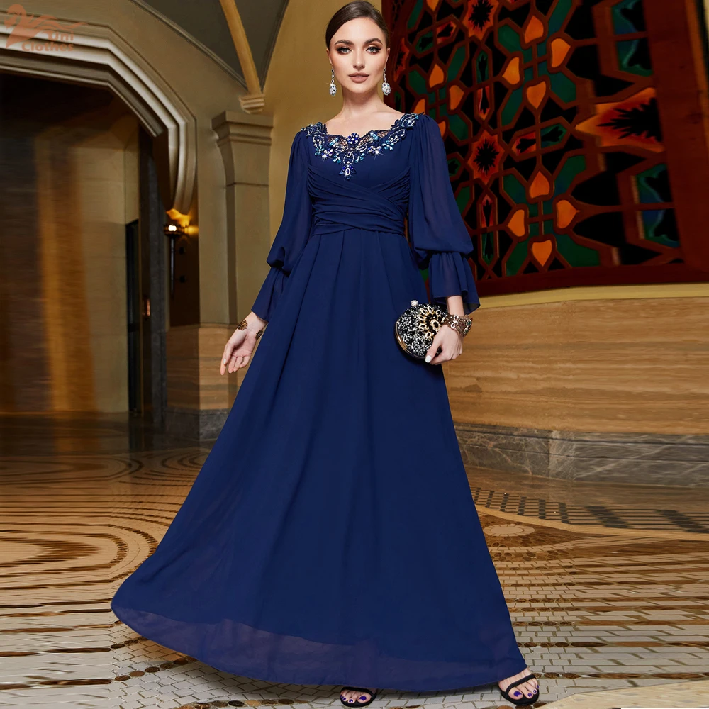 

Ramadan Moroccan Rhinestone Beaded Maxi Dress Dubai Mesh Bundled Sleeve Abaya Fishion Belted Kaftan