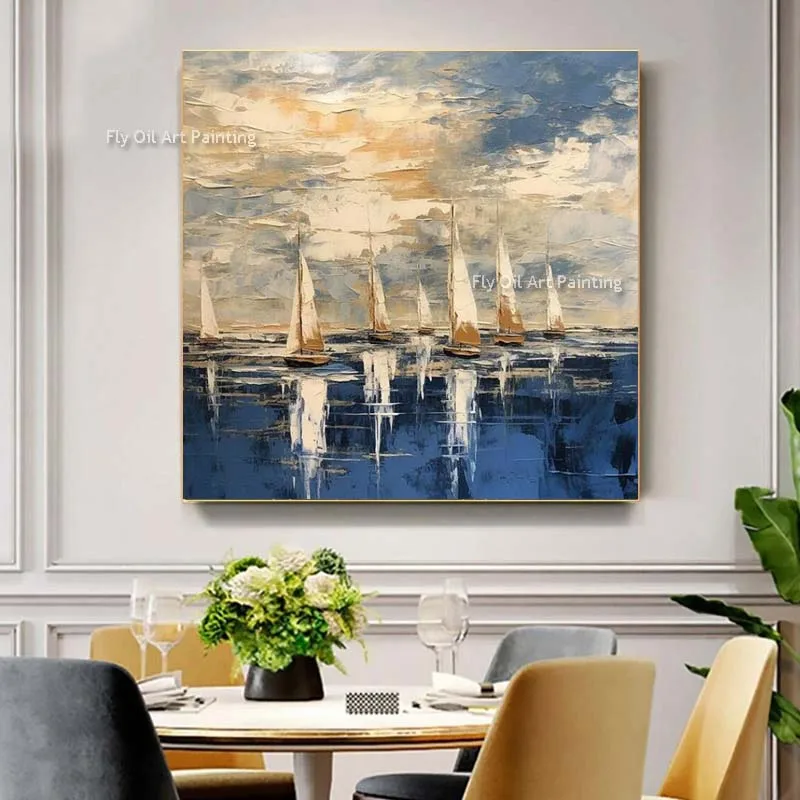 Large Abstract Sailboat Seascape Handmade Oil Painting Textured Thick Canvas Wall Art Original Blue Ocean Landscape Room Decor