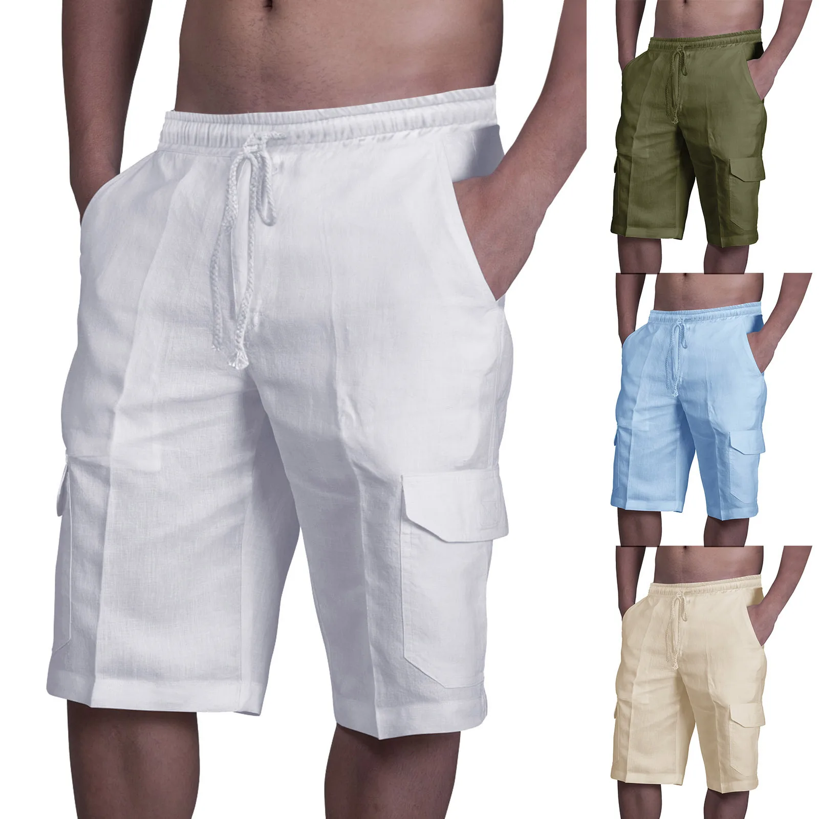 2023 White Cotton Linen Shorts Men Summer Casual Multi-Pocket Sport Shorts Mens Fashion Elastic Waist Breathable Beach Shorts