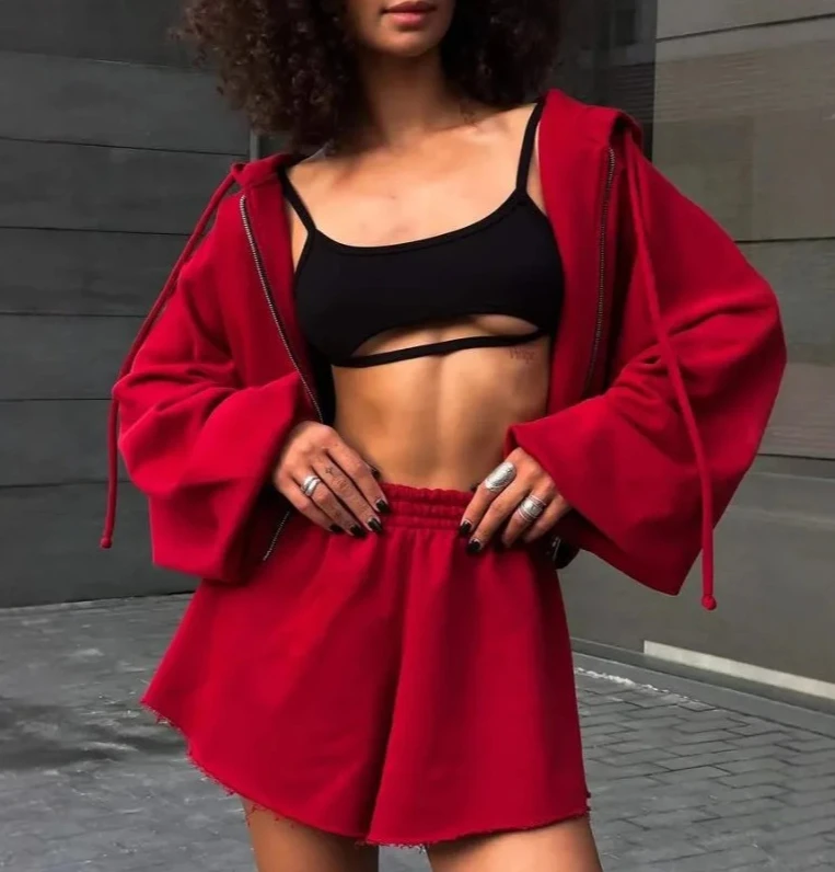 Casual 2 Pieces Sets Women Loose Solid Zipper Hoodies Short Pant Suit Autumn Casual Sporty Running 2 Pieces Outfits