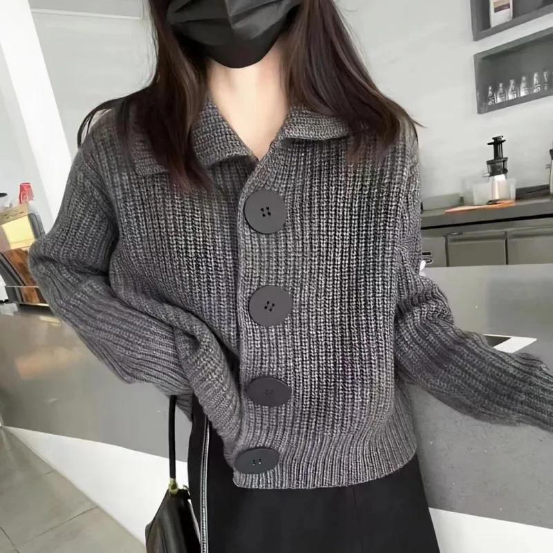 

Women Doll Collar Lazy Fashion Large Button Knitted Sweater Cardigan 2025 Female Spring Autumn Style Lapel Loose Artistic Trend