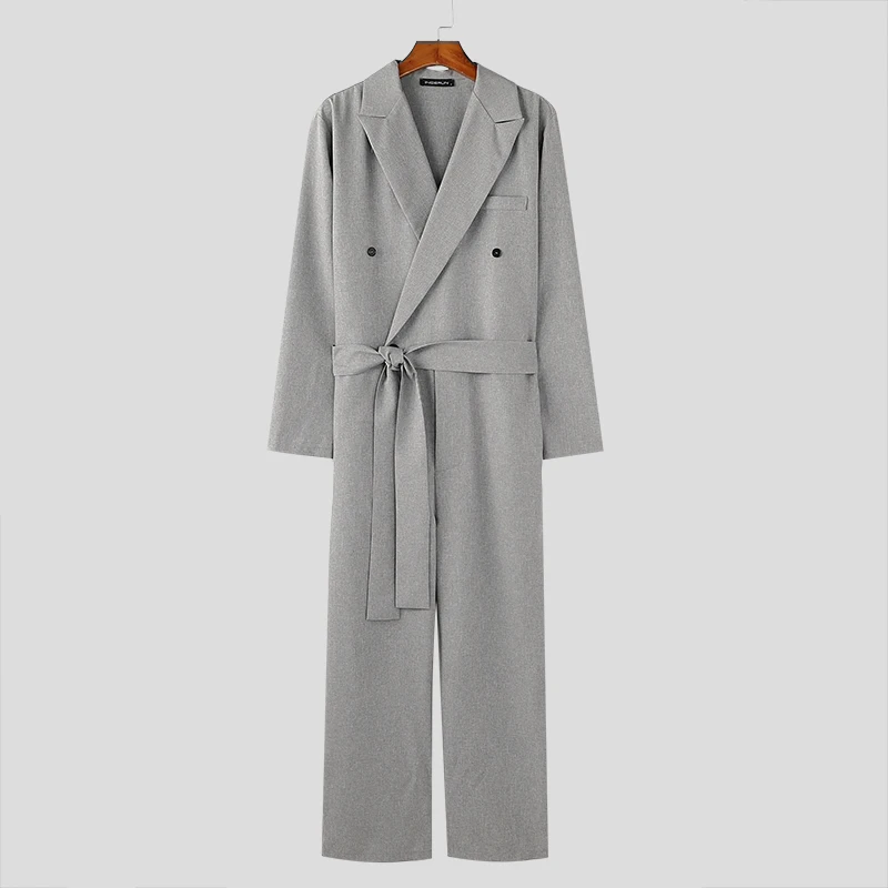 2026 INCERUN Men Jumpsuits Solid Color Lapel Long Sleeve Lace Up Male Overalls Streetwear Loose With Belt Casual Rompers For Man