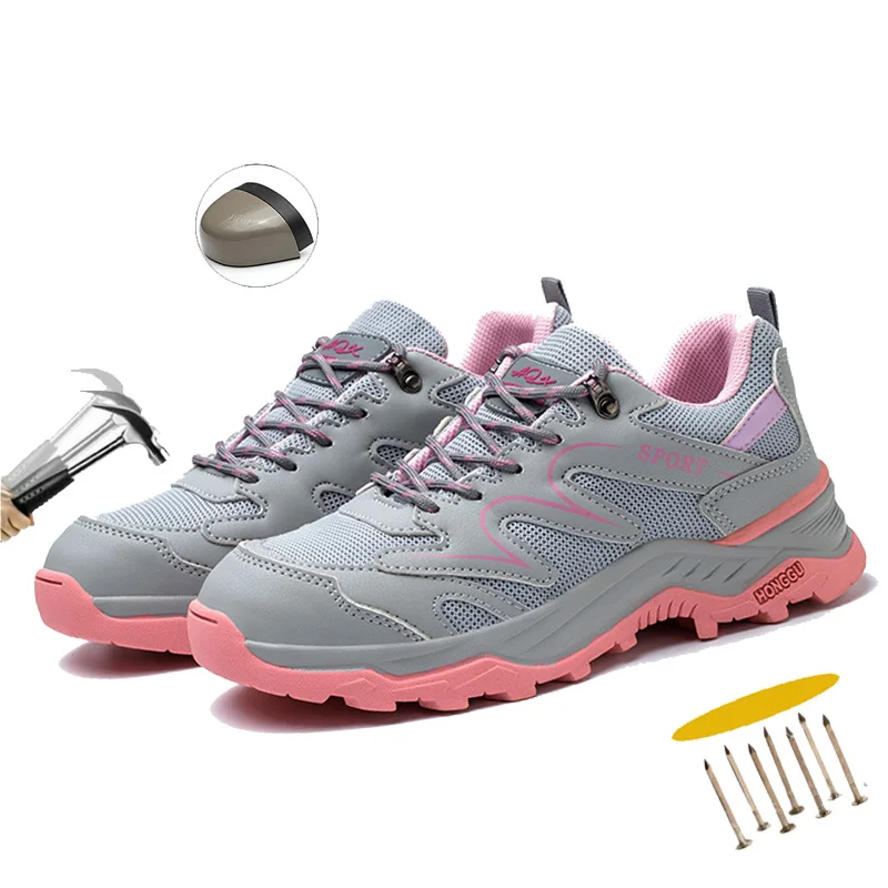 Summer Breathable Work Shoes With Steel Toe Anti Puncture Security Shoes Womens Work Sneakers Anti-slip Lightweight Safety Shoes