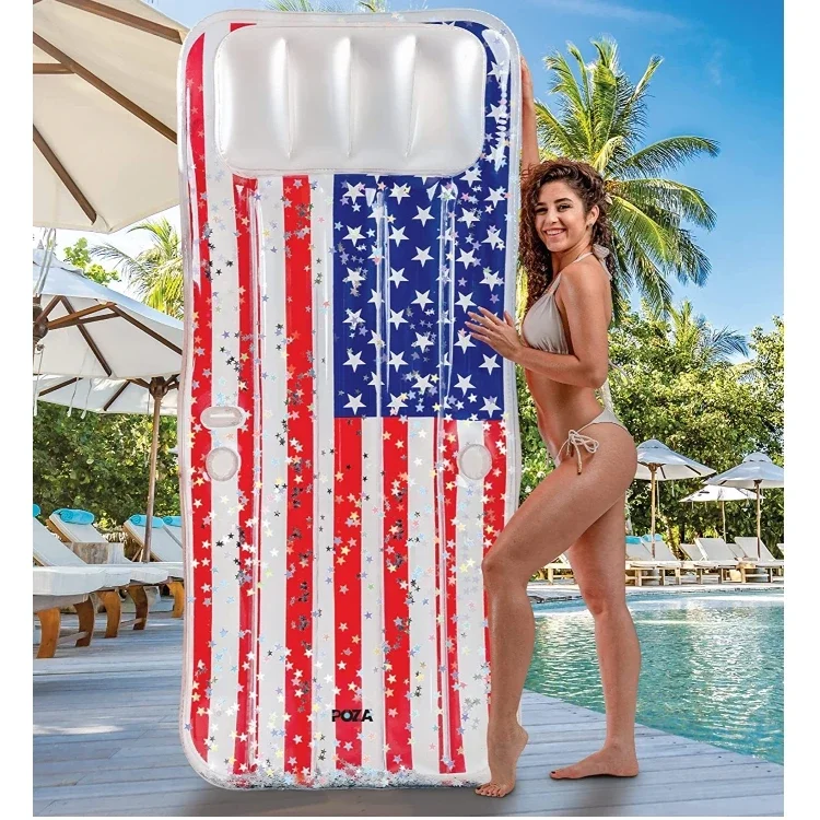 Factory Custom Glitter Inflatable USA Flag Pool Float Confetti Inflatable Water Air Mattress for Beach