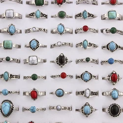 10pcs Mixed Bohemia Style Natural Blue Red Stone Rings Tibetan Silver Tone Size 16 17 18 Finger Rings Jewelry For Woman Men