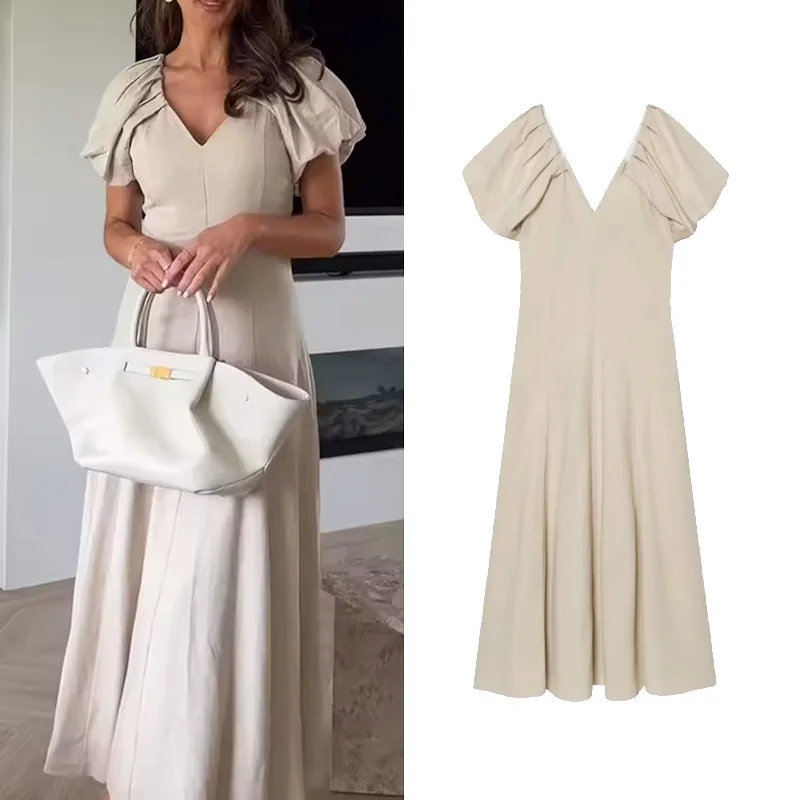 Women's Blend Midi Dress New 2026 Spring Casual V Neck Puff Sleeves Women Solid Long Dress Flared Hem Solid Female Chic Dresses