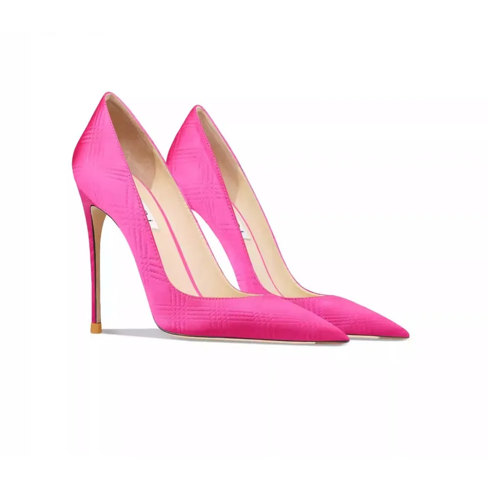 

Genuine Leather Pointed Toe High Heels Pink Checkered Comfortable Office Lady Shoes