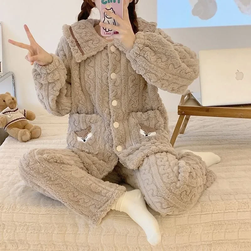 2024 New Coral Velvet Pajamas Women Autumn Winter Add Fleece Jacquard Sleepwear Plush Warm Loungewear Thicken Loose Homewear