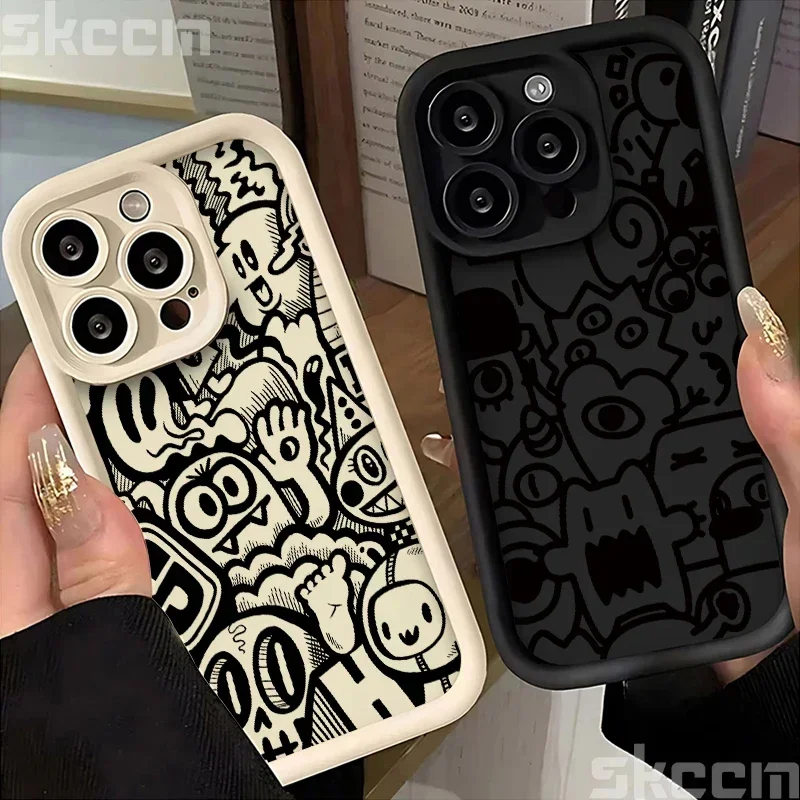 Black Graffiti Phone Case For iPhone 16 Pro Max 15 14 13 12 11 XS X XR 7 8 Plus 16 Silicone Shockproof Bumper Covers