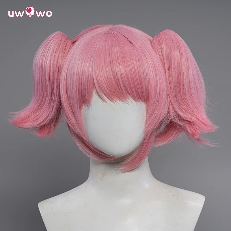 UWOWO Anime Kanamee Madokaa Peluca de Cosplay, pelo corto rosa con dos coletas