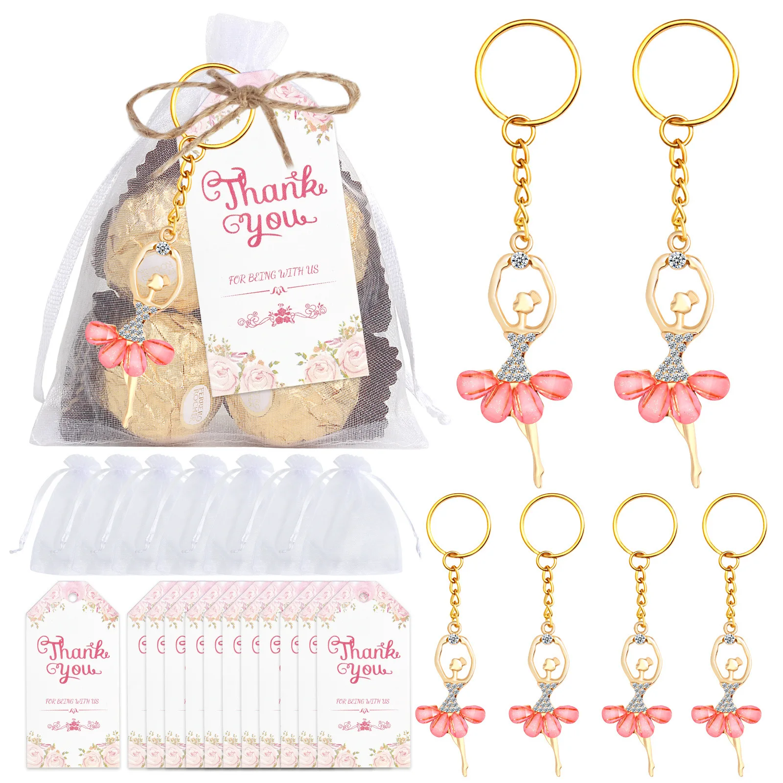 

10 Sets Ballet Keychains with Thank You Labels and Yarn Bags Party Favors Dance Performance Theme Wedding Birthday Souvenir