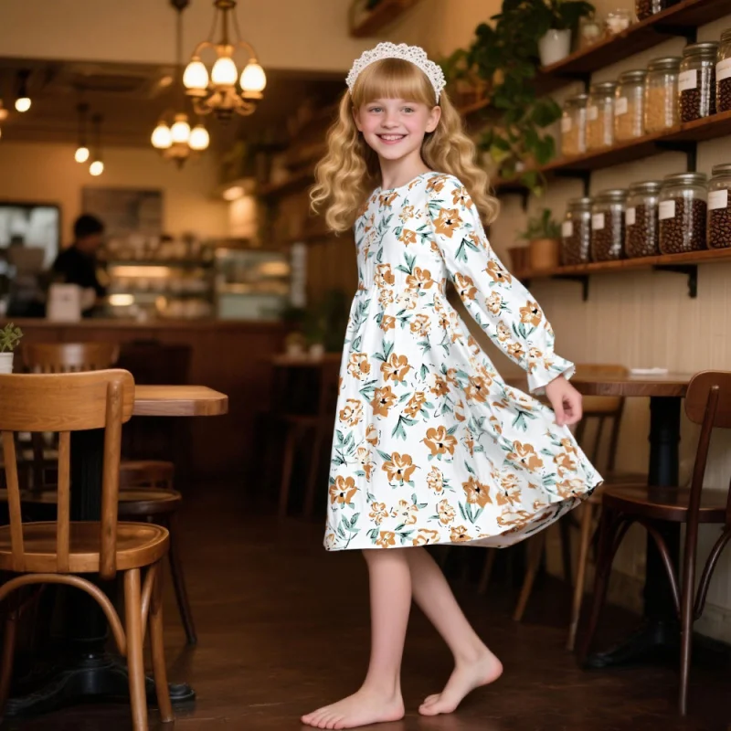 

Girls Dress 2025 New, Elegant and Gentle Girl, Floral Pattern Print, Casual Long Sleeve Dress