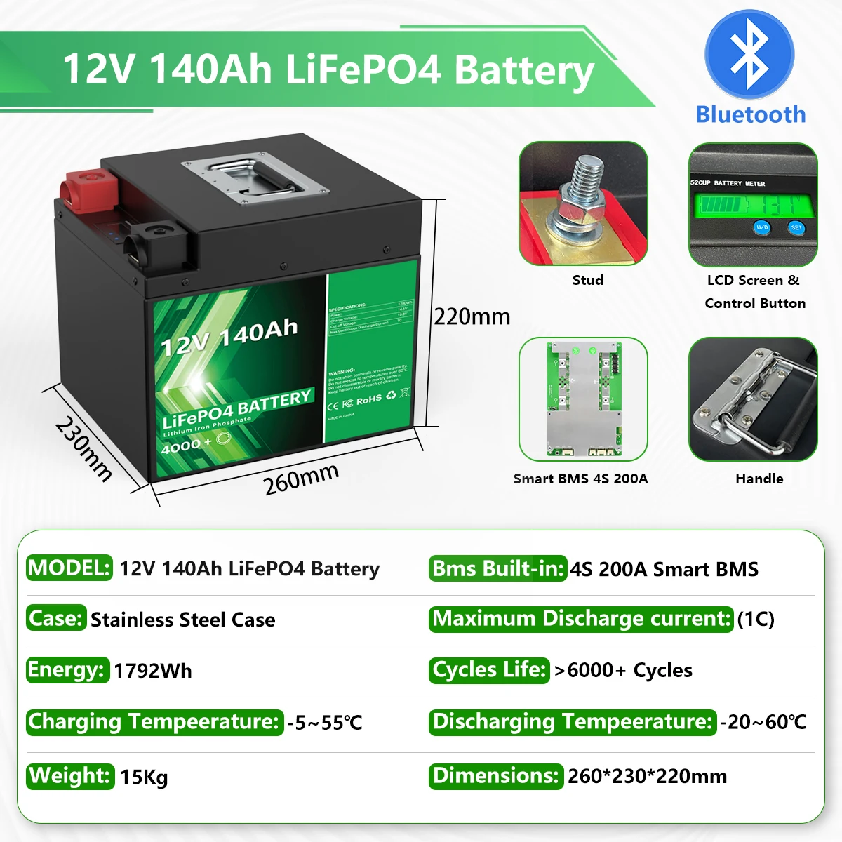 LiFePO4 Battery 12V 140Ah 1792Wh Bluetooth 6000 Cycle 4S BMS Grade A 100Ah 200Ah 24V lithium Pack For RV Boat Solar EU UA NO TAX