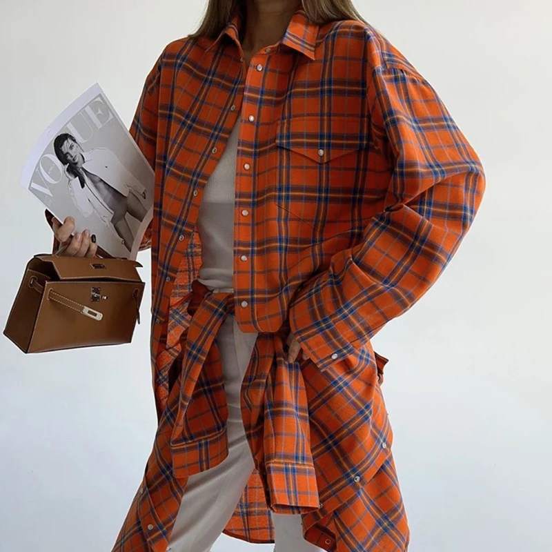 Plaid Long Sleeved Pocket Women\'s Shirt Casual Loose Oversized Summer Tops Tee Shirts For Women Casual Female Checked Clothes